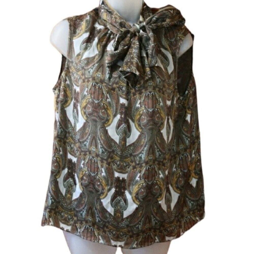 Magaschoni Heritage Paisley Silk Pussycat Bow Top Size 14 Brown Print Elegant